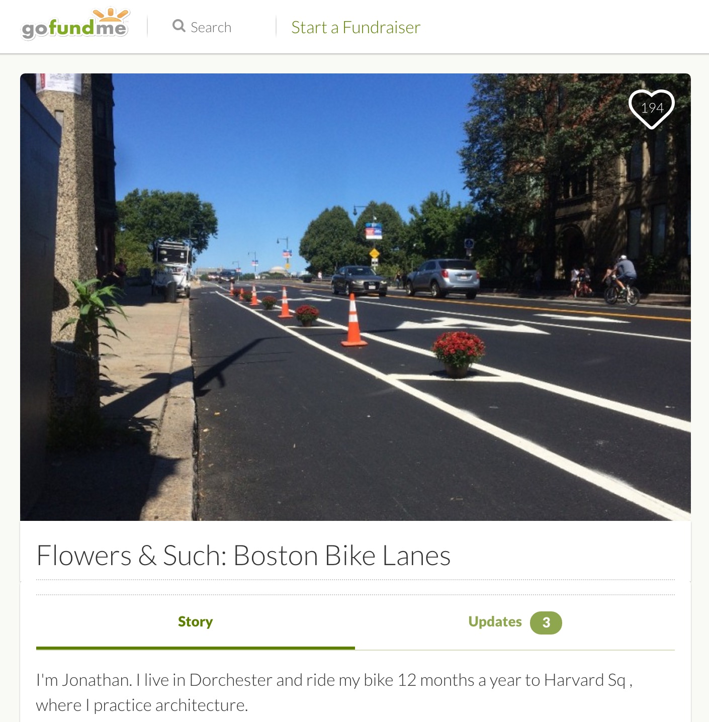 Screenshot: clowers & Such: Boston Bike Lanes gofundme crowdfunding page